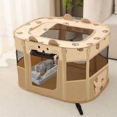 1pc Khaki Pet Delivery Room, Foldable Pet Cage, Removable Pet Fence & Tent, Thickened Pet Bed Suitable For Small, Medium, And Large Pets