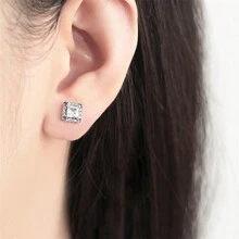 1 對 925 純銀幾何簡約方形鋯鑲釘耳環適合女士日常佩戴生日禮物訂婚結婚紀念日珠寶女士禮物 - 藍色 - 查看 3