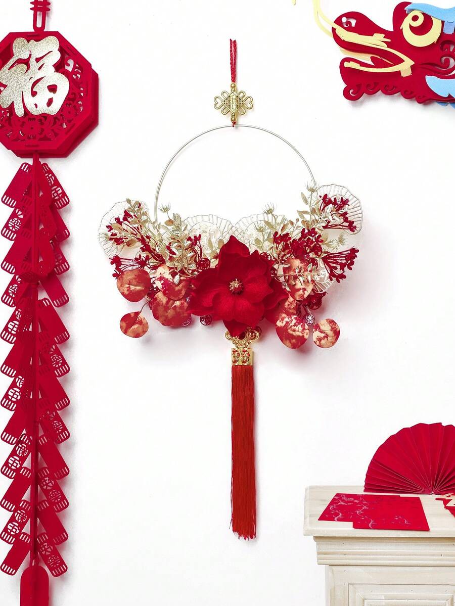 1入組38cm(h)模擬木蘭花新年掛飾,家居新年吉祥物裝飾 - 紅色 - 查看 1