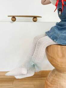 1入幼兒女童春秋新款純色蕾絲蝴蝶結針織網襪,可愛且適合日常穿著 - 白色 - 查看 3