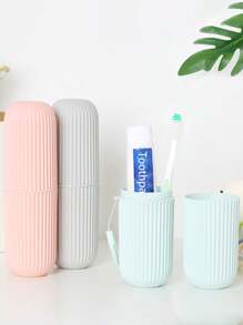 1pc Portable Travel Toothbrush Holder Cup Set, Simple Design With Cover Toothpaste Tube Mouthwash Cup, Toothbrush Storage Box - Grey - View 4