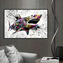 FajerminArt 1幅塗鴉動物藝術畫布油畫,多彩的鯊魚,海報印刷,裝飾房間家庭牆壁藝術畫,無框 - 彩色 - 查看 4