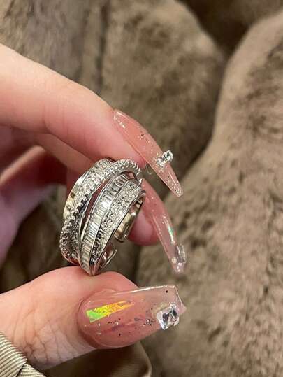 1枚新娘復古中空十字設計鋯石戒指,極簡風格指關節戒指,韓國ins時尚配件優雅