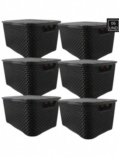 KIT C/ 6 CAIXAS ORGANIZADORAS CESTO RATTAN 7 Litros PRETO Com TAMPA ARQPLAST