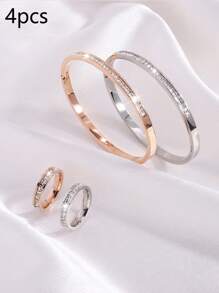 4 Pcs Of Light Luxury Design Advanced Simple Stainless Steel Single Row Drill Bracelet Ring Suitable For Holiday Gifts Friends