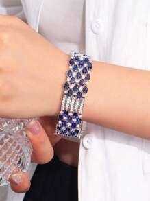 1pc Sparkling Oval Round Dark Blue Cubic Zirconia Big Luxury Women Bracelets For Wedding Brides Party Engagement Unique Festival Jewelry Accessories - Blue - View 5