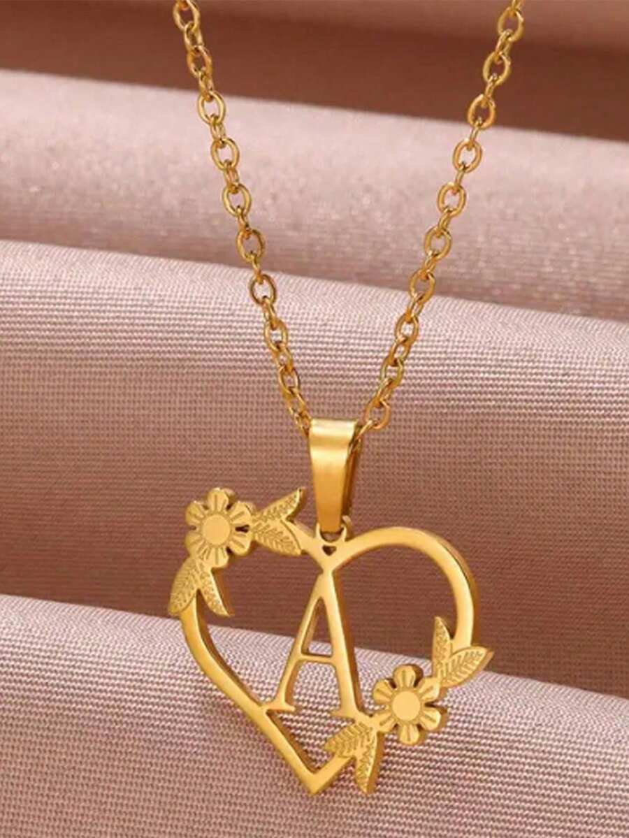 1入時尚創意不鏽鋼空心愛花a-z26個字母項鍊,適用於紀念情人節禮物 - 金黃色 - 查看 1