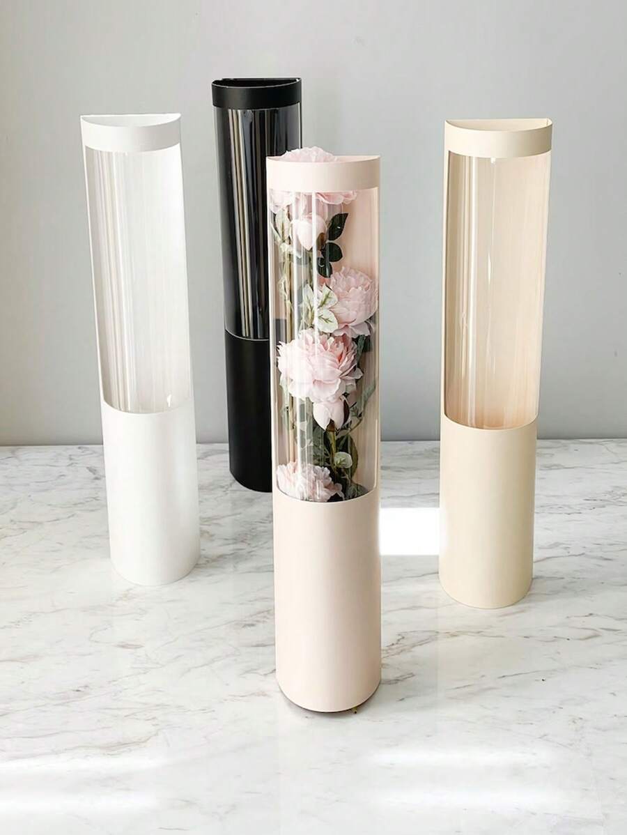5pcs Flower Packaging Gift Box Pvc Handbag Flower Tube Bag, Suitable For Proposal, Valentine'S Day Party, Birthday Party, Surprise Box - White - View 1