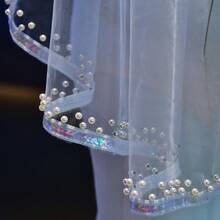 珍珠新娘頭紗婚禮飾品、粉色亮片紗新娘頭紗、閃閃發光的婚禮飾品以及單身派對用品 - 白色 - 查看 2