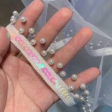 珍珠新娘頭紗婚禮飾品、粉色亮片紗新娘頭紗、閃閃發光的婚禮飾品以及單身派對用品 - 白色 - 查看 3