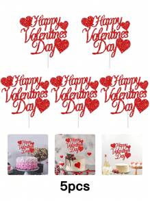 5pcs Red Glitter Valentine'S Day Cake Topper With Heart Shaped Stick, Selected Decorations For Valentine'S Day Themed Party Cake Decor Supplies - Red - View 1