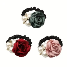 3pcs/Set Korean Fashion Pearl Hair Ties, Rose Flower & Rhinestone Hair Ties, Elastic Hair Rope, Elegant Hair Accessories - Pink - View 1