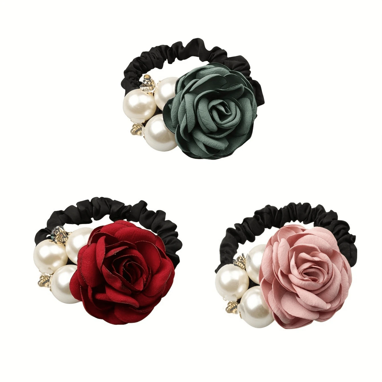 3pcs/Set Korean Fashion Pearl Hair Ties, Rose Flower & Rhinestone Hair Ties, Elastic Hair Rope, Elegant Hair Accessories - Pink - View 1