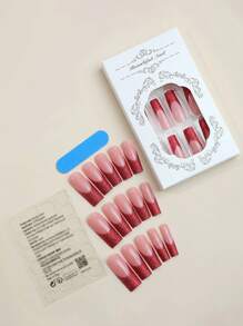 24入組長款xxl方形壓克力假指甲,紅色閃粉沉浸式修甲,圓角法式邊緣假指甲,適用於女性和女孩 - 彩色 - 查看 2