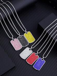 1pc Men's Hip-Hop Diamond Inlaid Dog Tag Pendant Necklace With Rectangle Shaped Plate - Multicolor - View 2
