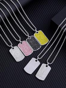 1pc Men's Hip-Hop Diamond Inlaid Dog Tag Pendant Necklace With Rectangle Shaped Plate - Multicolor - View 3