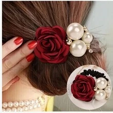 3pcs/Set Korean Fashion Pearl Hair Ties, Rose Flower & Rhinestone Hair Ties, Elastic Hair Rope, Elegant Hair Accessories - Pink - View 3