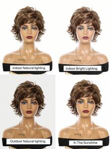 Ombre Gray Short Curly Pixie Cut Layered Synthetic Wig With Bangs Beginners Friendly For Women 10inch - Coffee Brown - View 11