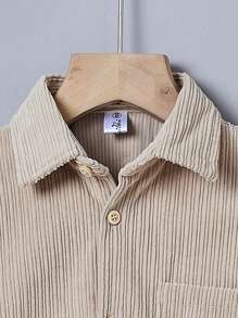 年輕男孩專屬單色彈簧長袖襯衫 - 米色 - 查看 3