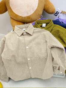 年輕男孩專屬單色彈簧長袖襯衫 - 米色 - 查看 1