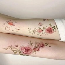 2 Pcs Floral Arm Tattoo, Large Rose Flower Tattoo, Rose Temporary Tattoo Woman, Rose Temporary Flower Tattoo Design, Rose Tattoo For Women Chest - Red - View 4