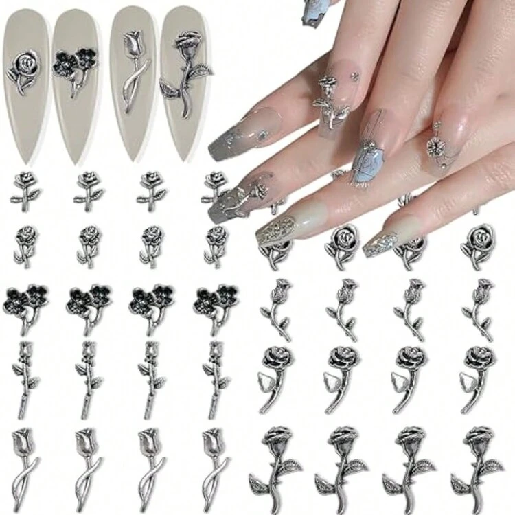 Silpecwee 100 Piezas Encantos De Uñas De Rosa En 3d, Encantos De Arte De Uñas De Flores De Plata Retro Para Decoración De Uñas Acrílicas, Diseño De Uñas Diy, Manicura, Fabricación De Joyas - Multicolor - Ver 1