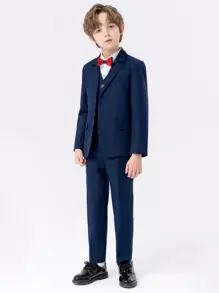 4pcs Young Boy Formal Suit Set, Including Jacket, Vest, Pants And Bow Tie, For Autumn/Winter - Navy Blue - View 3