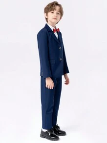 4pcs Young Boy Formal Suit Set, Including Jacket, Vest, Pants And Bow Tie, For Autumn/Winter - Navy Blue - View 2