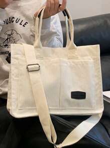 Túi Tote Vải Nhung Kẻ Sọc Gấp Gọn Có Sức Chứa Lớn Và Dây Đeo Vai, Túi Tote Cho Trường Học - màu đen - Xem 4