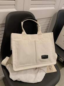 Túi Tote Vải Nhung Kẻ Sọc Gấp Gọn Có Sức Chứa Lớn Và Dây Đeo Vai, Túi Tote Cho Trường Học - màu đen - Xem 2