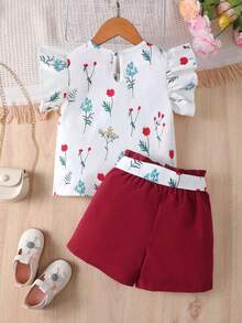 Young Girl's Summer Floral Print Patchwork Short Sleeve Top And Shorts Casual 2pcs/Set Outfit - Burgundy - View 2