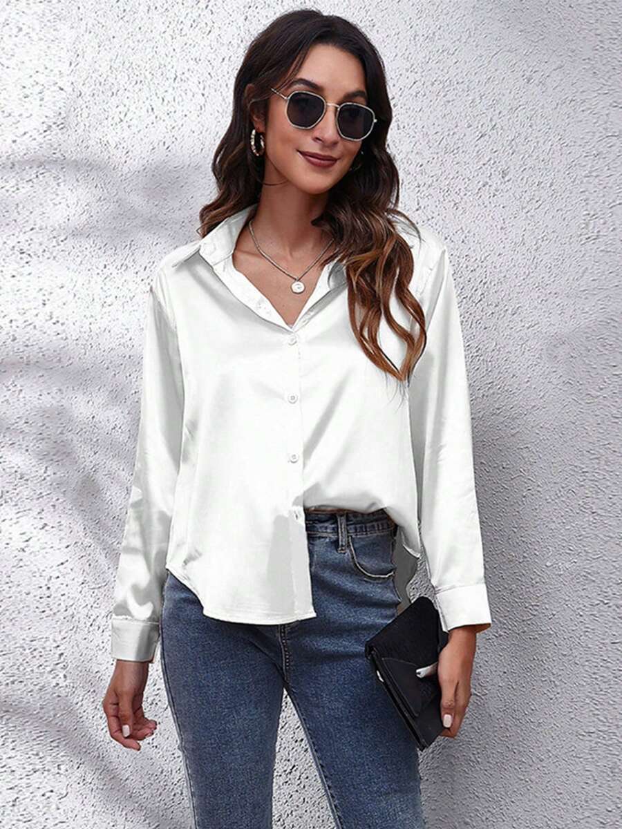Women's Long Sleeve Blouse Fashion Casual Elegant Soft Fabric - White - View 1
