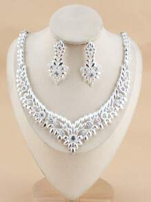 3pcs/Set Flower Shaped Sparkling Rhinestone Silver Color Necklace & Earrings Set For Women, Valentine's Day/Bridal/Prom Jewelry - Silver - View 1