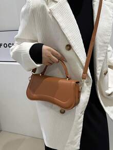 1pc Flap Closure Asymmetric Shaped Solid Color Pu Shoulder Bag & Handbag With Car Line Details, Suitable For Daily Use Of Women - Brown - View 2