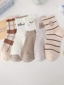 5pairs Women's Cute Cartoon Pattern Mid-Calf Pile Socks - Multicolor - View 1