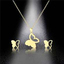 1 套不锈钢蝴蝶吊坠项链 3 件/套，包括简约风格心形吊坠、锁骨链和耳钉，适合毛衣、防锈情人节、妈妈、母亲、母亲节、礼物 - 金色 - 查看 2