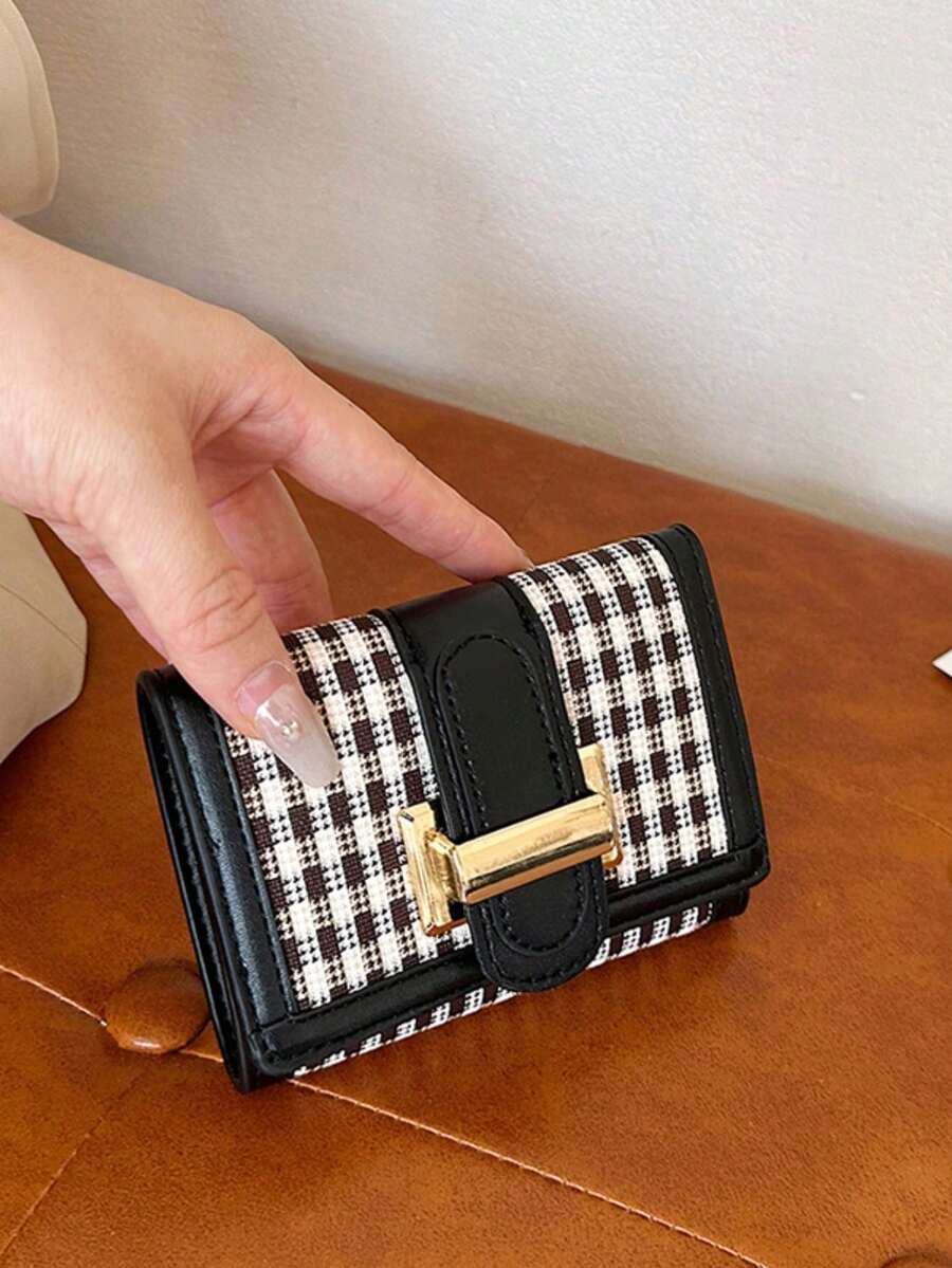 Women's Tri-Fold Short Wallet In Classic Houndstooth Pattern With Multiple Card Slots, Fashionable And Vintage - Black - View 1