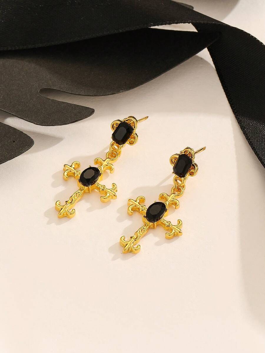 1 Pair Punk Style Cross Pendant Earrings, Unique Black Color Faux Crystal Earrings For Women - Gold - View 1