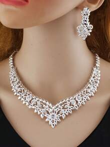 3pcs/Set Flower Shaped Sparkling Rhinestone Silver Color Necklace & Earrings Set For Women, Valentine's Day/Bridal/Prom Jewelry - Silver - View 2