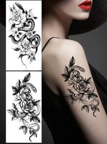 2pcs Waterproof & Long-Lasting Black Snake And FlowerTemporary Tattoo Sticker - Black - View 1