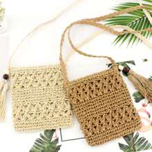 1 件女士休闲镂空编织单肩斜挎流苏草编沙滩包 - 棕色 - 查看 1