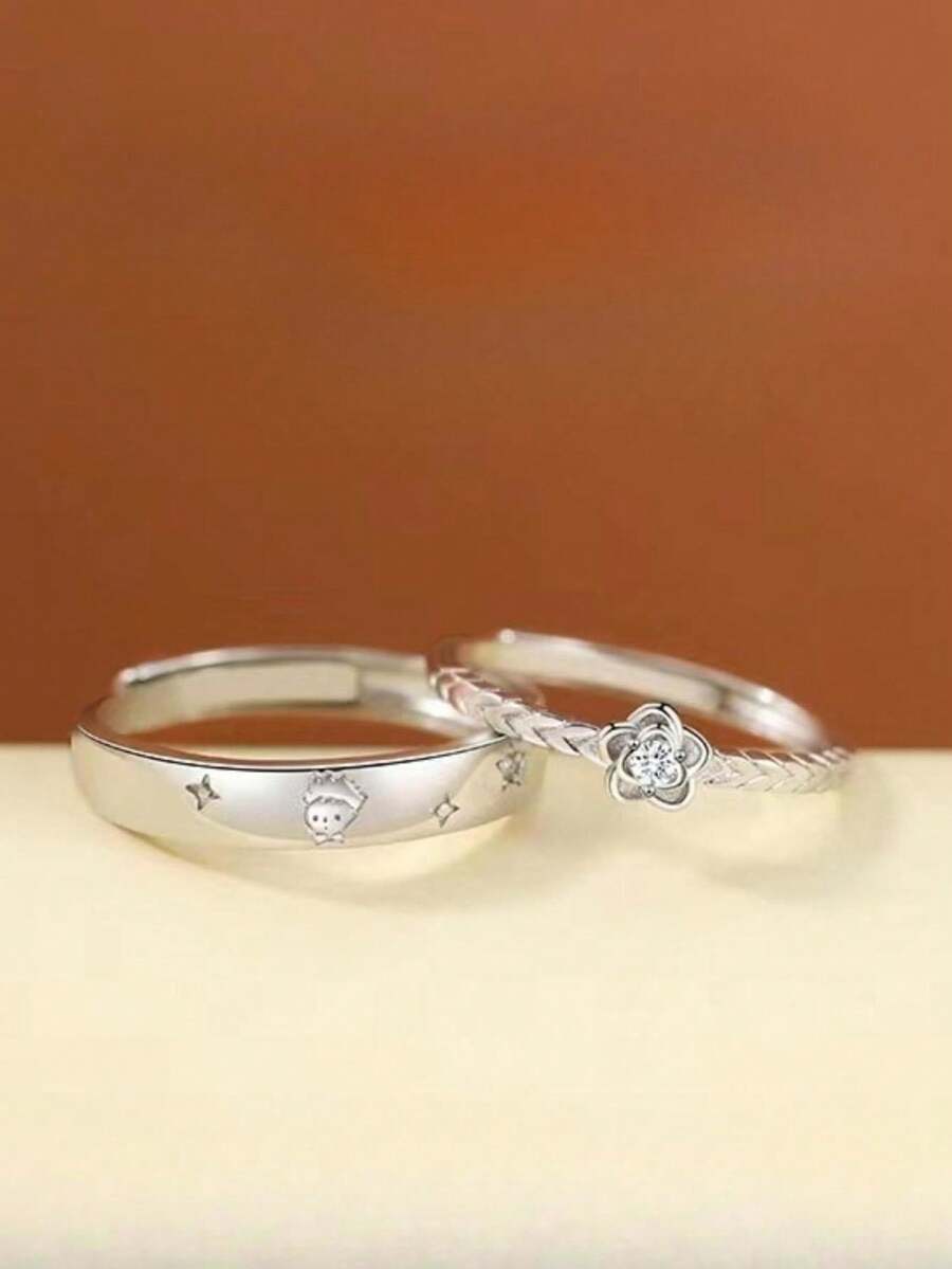 1枚獨特而精緻的優雅s925純銀王子與玫瑰情侶戒指,同性別的設計適用於情人節禮物和配飾 - 銀色 - 查看 1