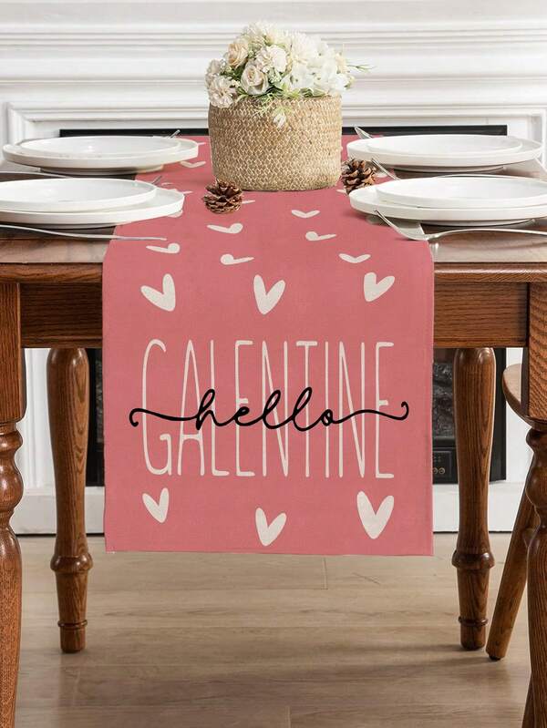 1pc Valentine'S Day Table Runner With 'Hello, Valentine' Heart-Shaped Slogan, Pink Heat Insulation Decorative Fabric, Seasonal Anniversary And Holiday Kitchen Decoration For Indoor Dining Table, 13x72 Inches