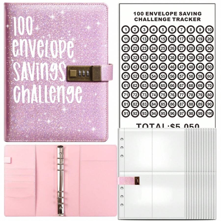 100pcs Money Saving Challenge Envelopes + 1pc Lockable Savings Wallet With Shiny Pink Cover, 25 Inner Sheets And 2 Cardboards Included - Pink - View 1