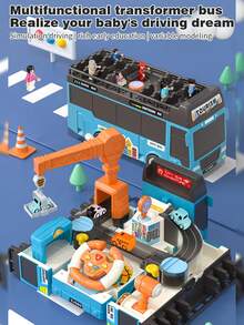 Slide Function Bus With Lighting Music Double-Decker Bus Adventure Game, Family Interactive Games, With 3 Pcs Metal Car, 11pcs Signposts, Bus With Light And Music, Audio Simulation, Bus Have Storage Function (U Battery, 3 AA Batteries) - Blue - View 3