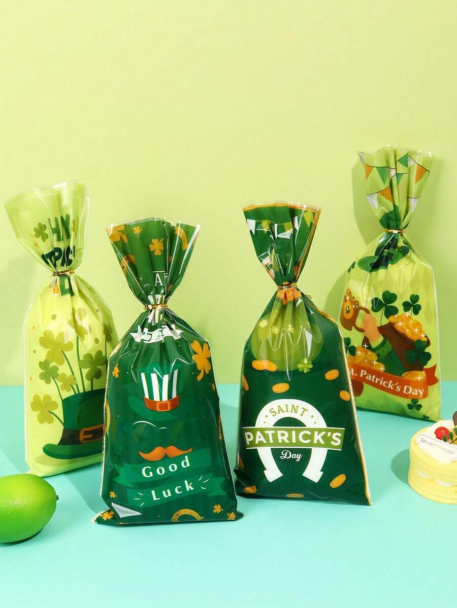 25入組st. Patrick's Day彩袋,含金色鐵絲,幸運的三葉草圖案塑膠糖果禮袋,適用於食品包裝平口袋,派對用品,食品包裝配件,st. Patrick's Day裝飾 - 彩色 - 查看 1