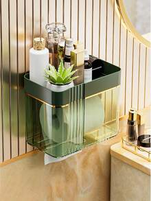 1pc Wall-Mounted Clear Tissue Box, Bathroom Towel Storage Box, Makeup Organizer Shelves - Dark Green - View 5
