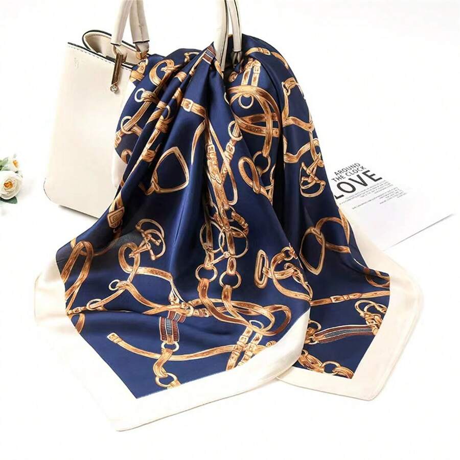 1pc Women's Imitation Silk Printed 70s Luxurious Nordic Style Square Scarf, Suitable For Business Negotiations, Leisure Travel, Festive Gatherings, Etc. - Royal Blue - View 1