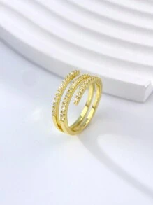 1件925純銀簡約復古時尚豪華潮流三層5a氧化鋯鍍14k金爪式指環,適用於女士派對日常珠寶禮物 - 金色 - 查看 2