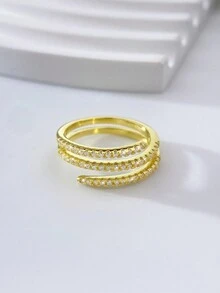 1件925純銀簡約復古時尚豪華潮流三層5a氧化鋯鍍14k金爪式指環,適用於女士派對日常珠寶禮物 - 金色 - 查看 3